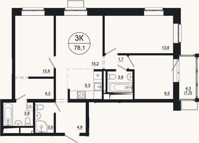 Планировка: 4+ к, 76,8 м²