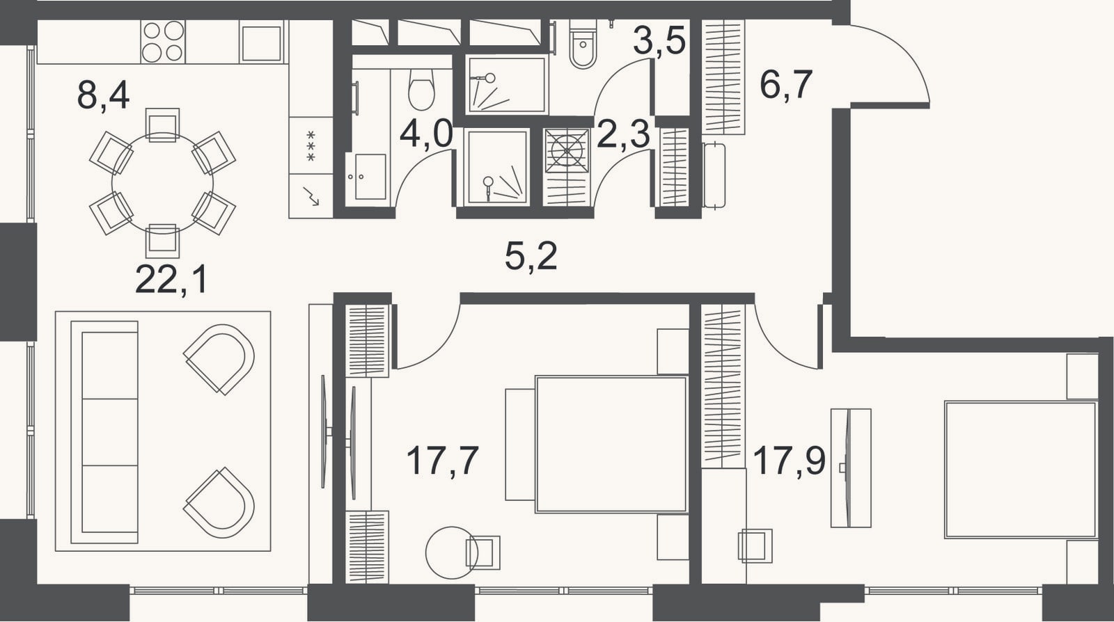 Планировка: 3-к, 87,8 м²