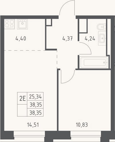Планировка: 2-к, 38,4 м²