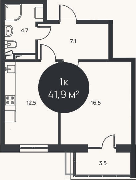 Планировка: 1-к, 40,8 м²