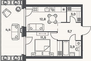 Планировка: 2-к, 36,9 м²