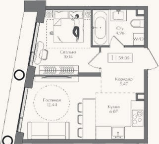 Планировка: 2-к, 39,1 м²