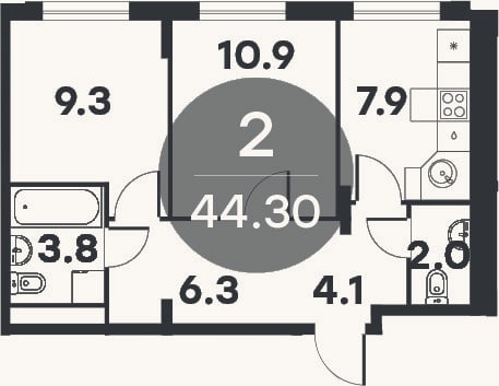 Планировка: 2-к, 44,5 м²