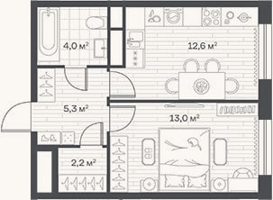 Планировка: 1-к, 37,1 м²