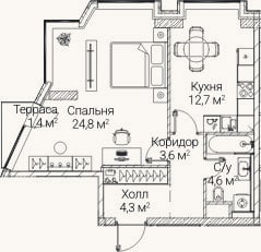 Планировка: 1-к, 48,3 м²