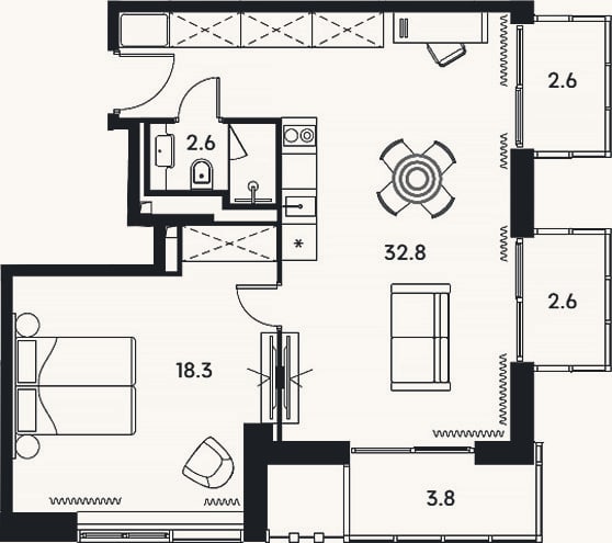 Планировка: 2-к, 53,7 м²