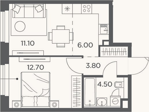 Планировка: 2-к, 38,1 м²