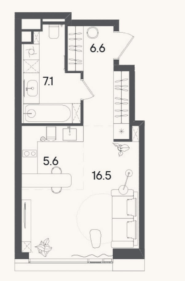 Планировка: Студия, 35,9 м²