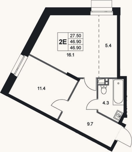 Планировка: 2-к, 46,9 м²