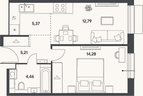 Планировка: 2-к, 42,1 м²