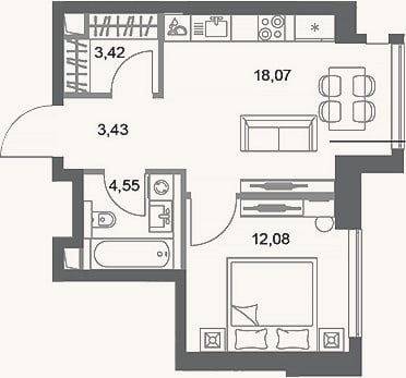 Планировка: 1-к, 41,6 м²