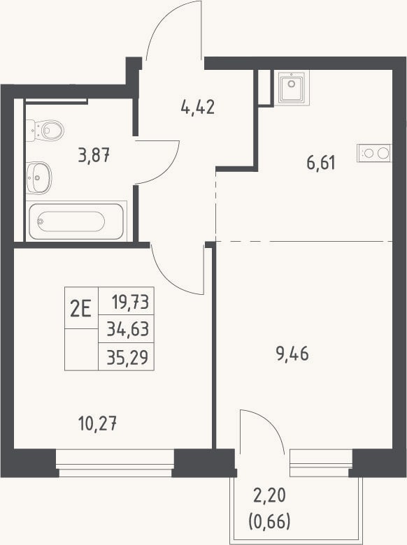 Планировка: 2-к, 34,6 м²