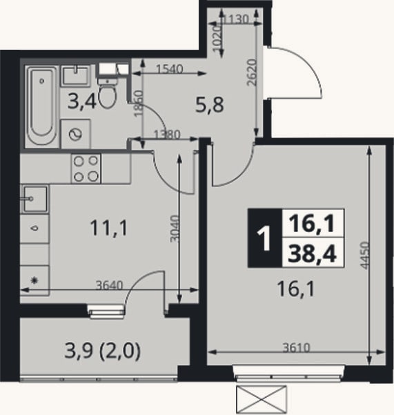Планировка: 1-к, 36,4 м²