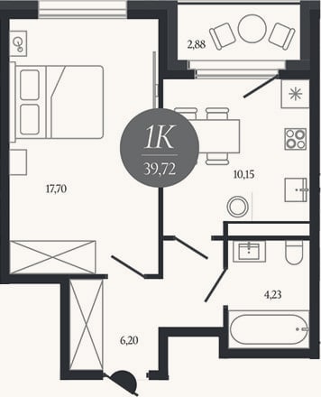 Планировка: 1-к, 38,3 м²