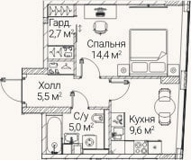 Планировка: 1-к, 37,3 м²