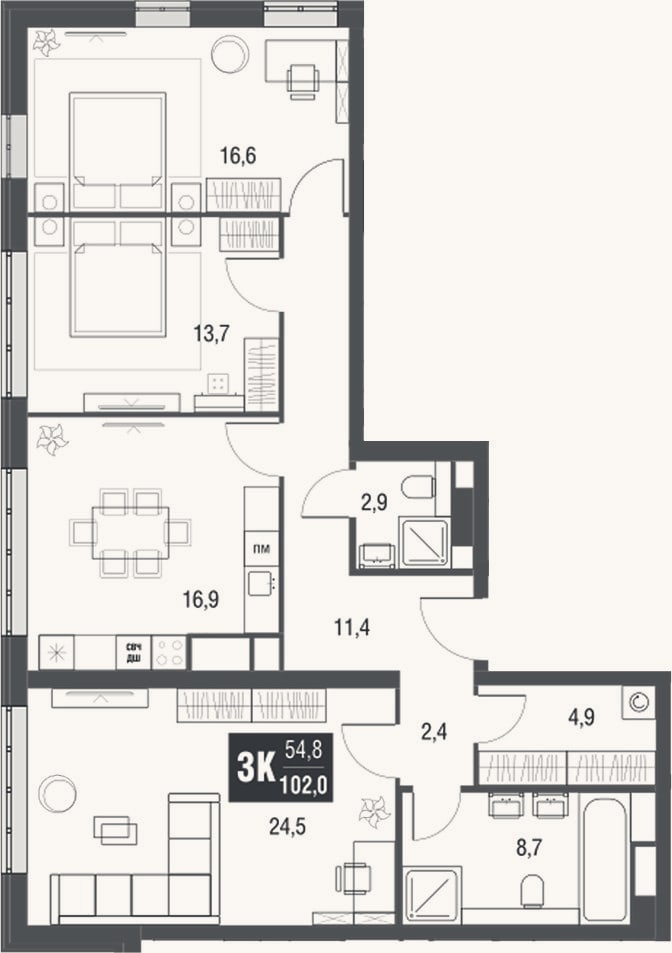 Планировка: 3-к, 102 м²