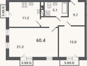 Планировка: 2-к, 59,3 м²
