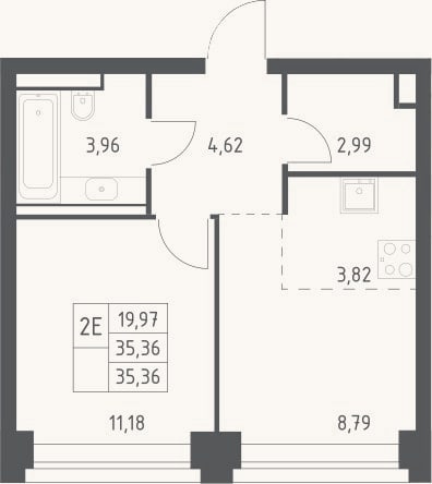 Планировка: 2-к, 35,4 м²