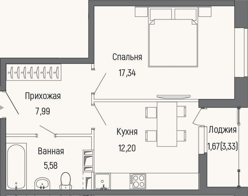 Планировка: 1-к, 43,1 м²