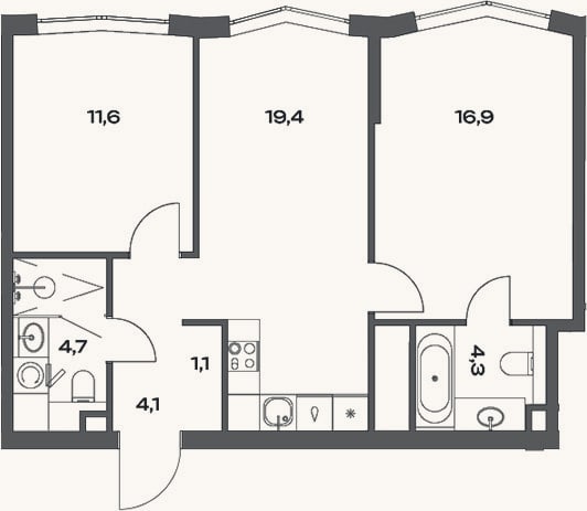 Планировка: 3-к, 62,1 м²