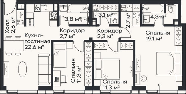 Планировка: 4+ к, 85,8 м²