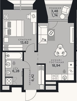 Планировка: 2-к, 45,3 м²