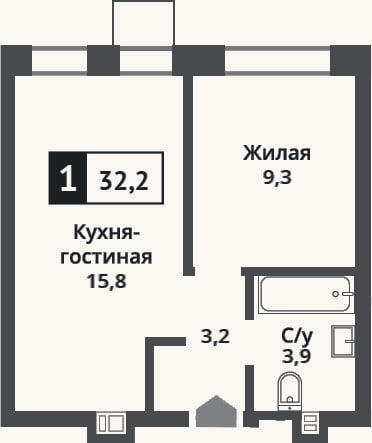 Планировка: 2-к, 32,2 м²
