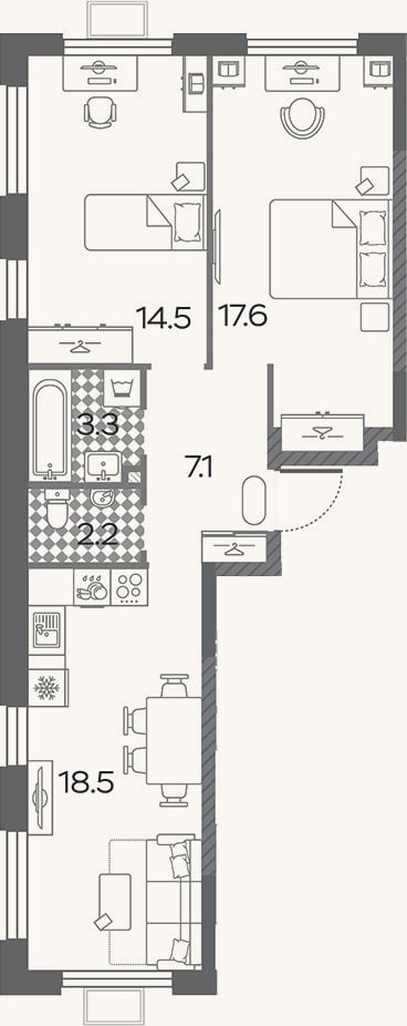 Планировка: 3-к, 61,2 м²