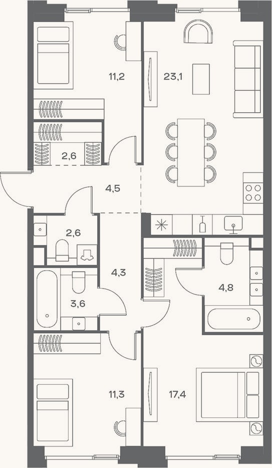 Планировка: 4+ к, 85,4 м²
