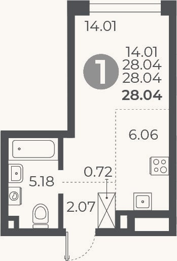 Планировка: Студия, 28 м²