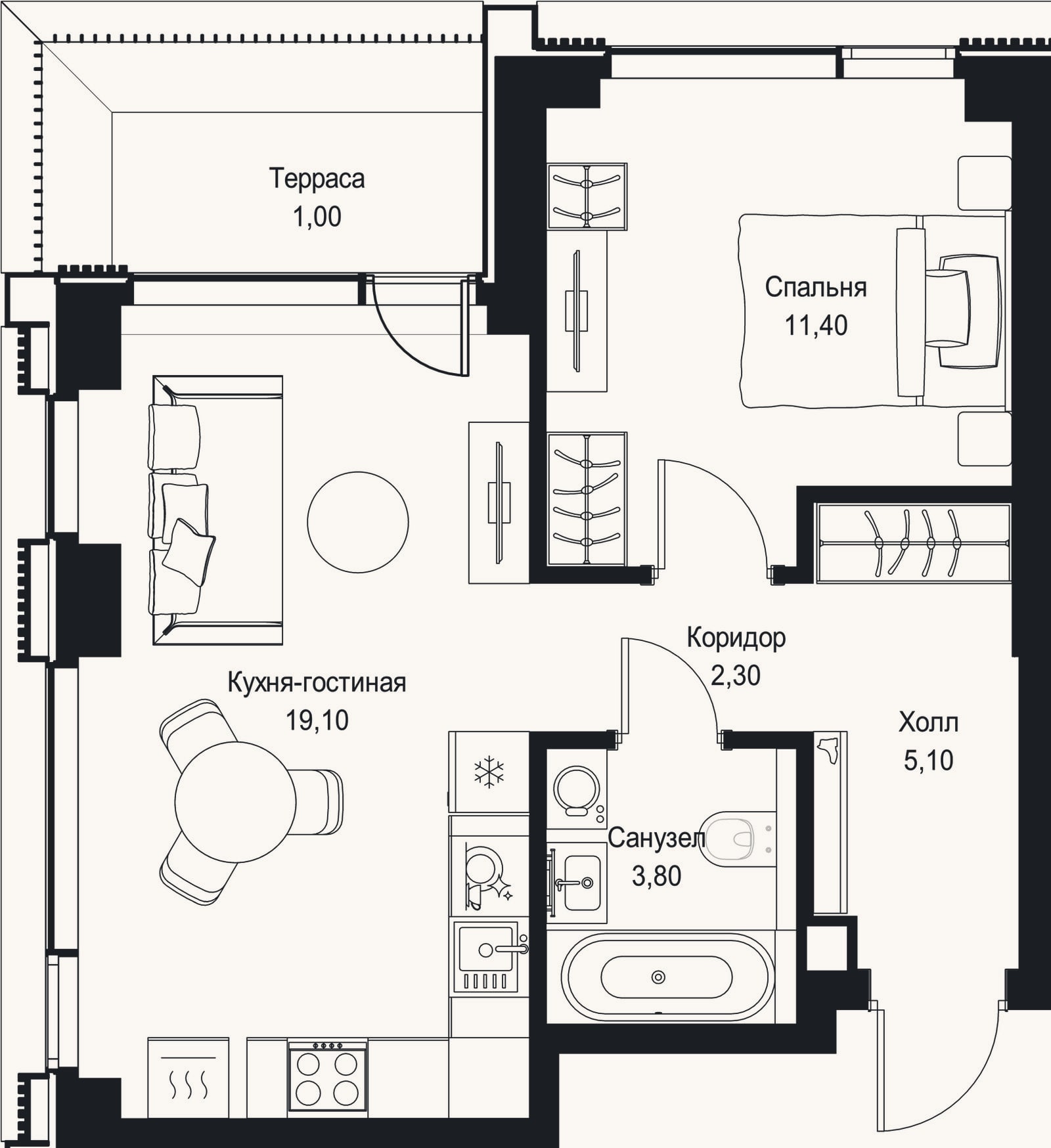 Планировка: 2-к, 41,7 м²