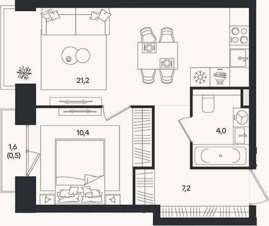 Планировка: 2-к, 42,8 м²