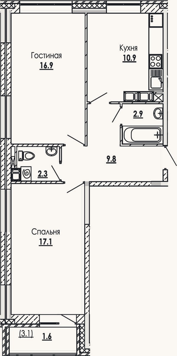 Планировка: 2-к, 59,9 м²