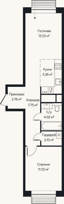 Планировка: 2-к, 47 м²