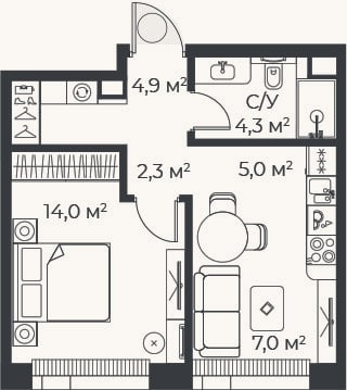 Планировка: 2-к, 37,5 м²