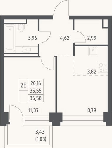 Планировка: 2-к, 35,6 м²