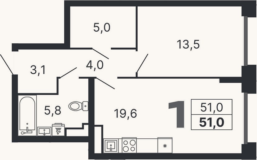 Планировка: 2-к, 51 м²