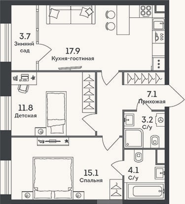Планировка: 3-к, 59,2 м²