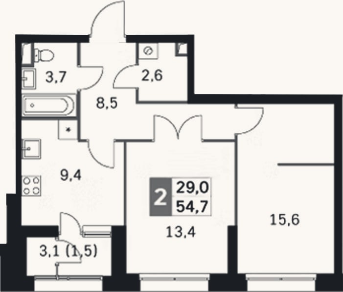 Планировка: 2-к, 53,2 м²