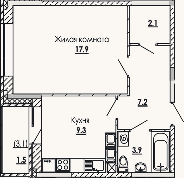 Планировка: 1-к, 40,4 м²
