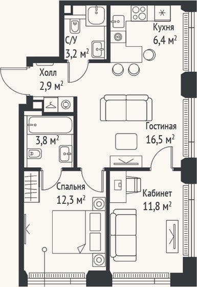 Планировка: 3-к, 56,7 м²