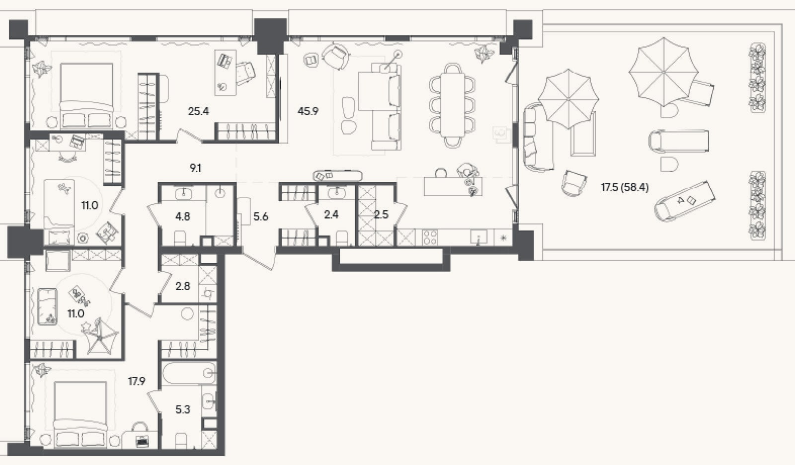 Планировка: 4+ к, 143,6 м²