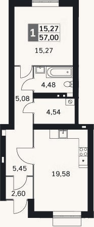 Планировка: 2-к, 57 м²
