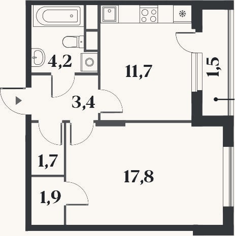 Планировка: 1-к, 40,5 м²