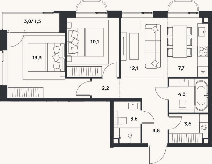Планировка: 3-к, 60,7 м²