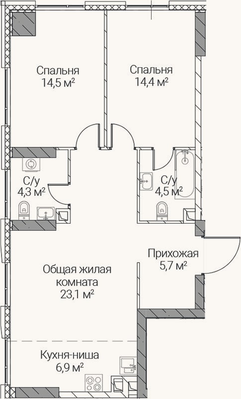Планировка: 3-к, 73,4 м²