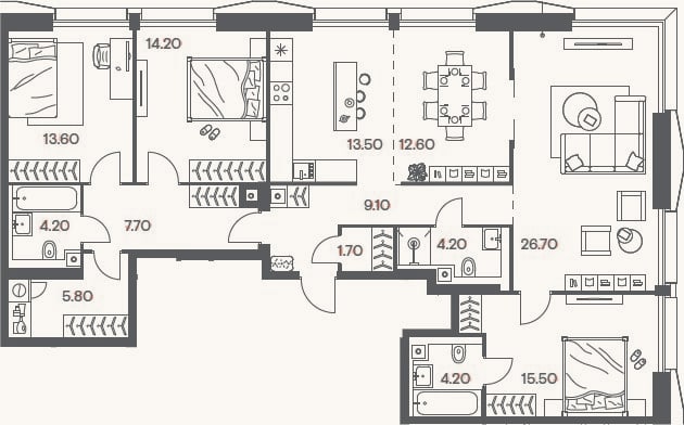 Планировка: 4+ к, 133 м²
