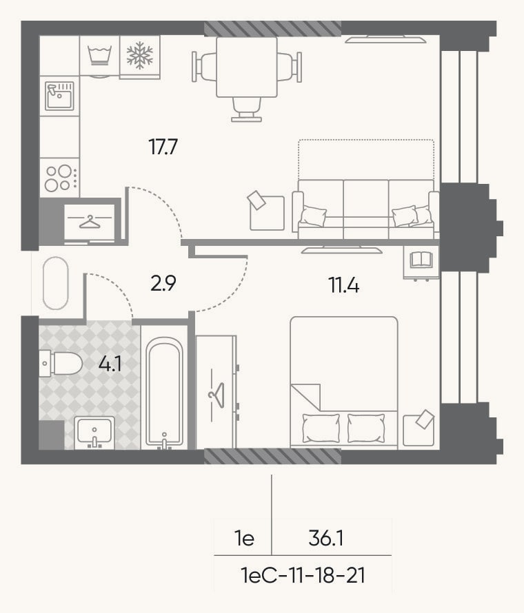 Планировка: 2-к, 36,1 м²