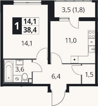Планировка: 1-к, 36,6 м²
