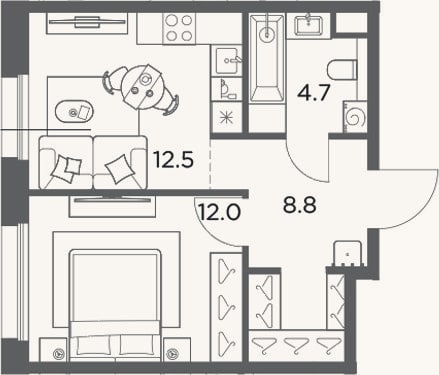 Планировка: 1-к, 38 м²